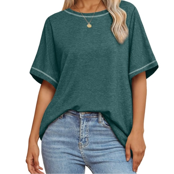 Tops - Loose Fitted Green Crew Neck Short Sleeve Tee